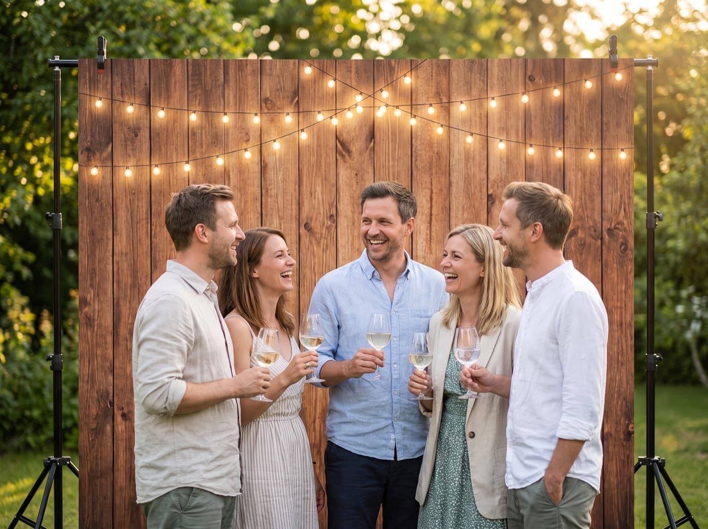 Gartenparty vor der Fotowand mit Lichterketten